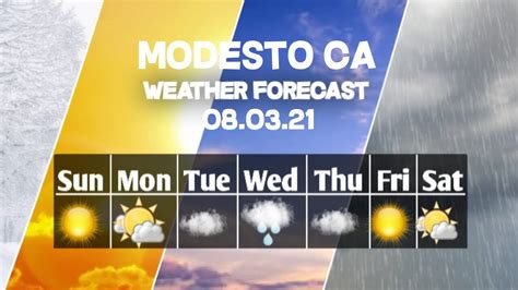 Modesto CA Tonight Partly Cloudy Low: 44 °F Wednesday Partly Sunny then Slight Chance Showers High: 61 °F Wednesday Night Showers Low: 50 °F Thursday Chance Showers then Partly Sunny High: 63 °F Thursday Night